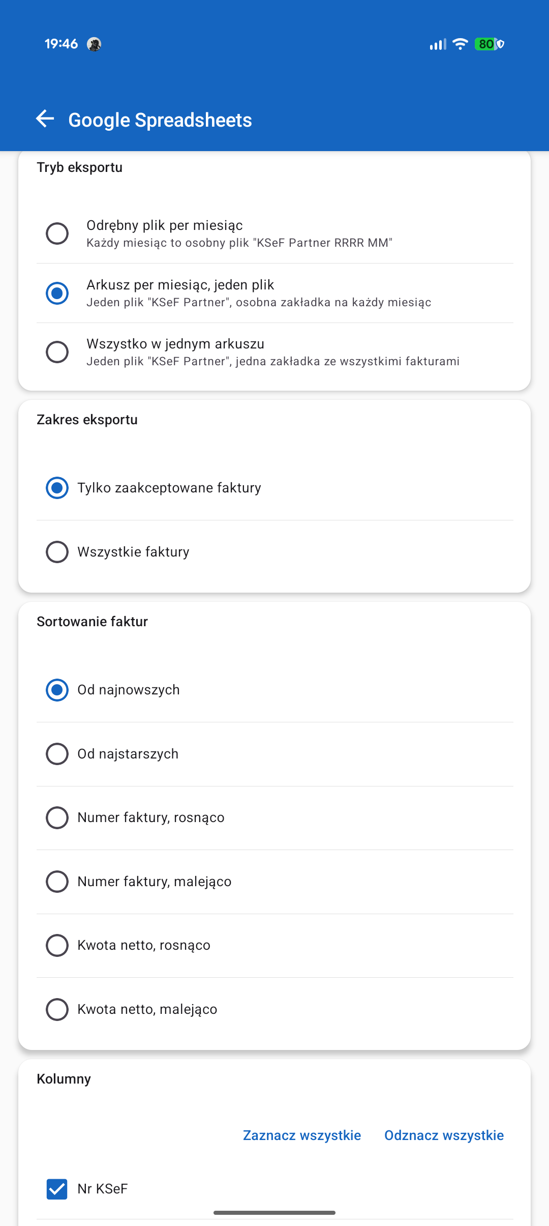 KSeF Partner – eksport faktur KSeF do Google Sheets, konfiguracja arkusza