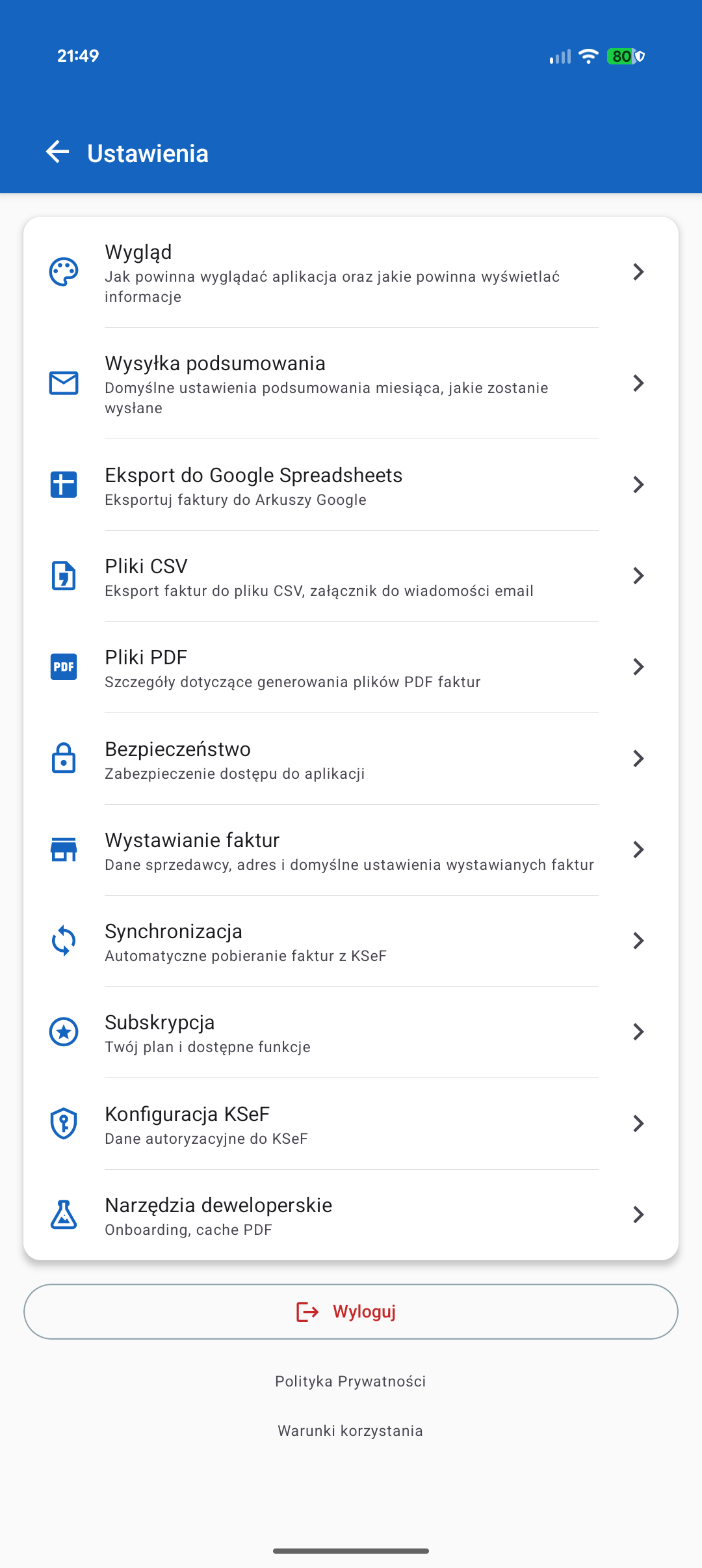 KSeF Partner – ustawienia aplikacji mobilnej KSeF w trybie ciemnym, eksport i synchronizacja